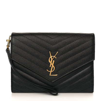 Saint Laurent Grain De Poudre Matelasse Chevron Monogram Envelope Clutch Black 1 of 9
