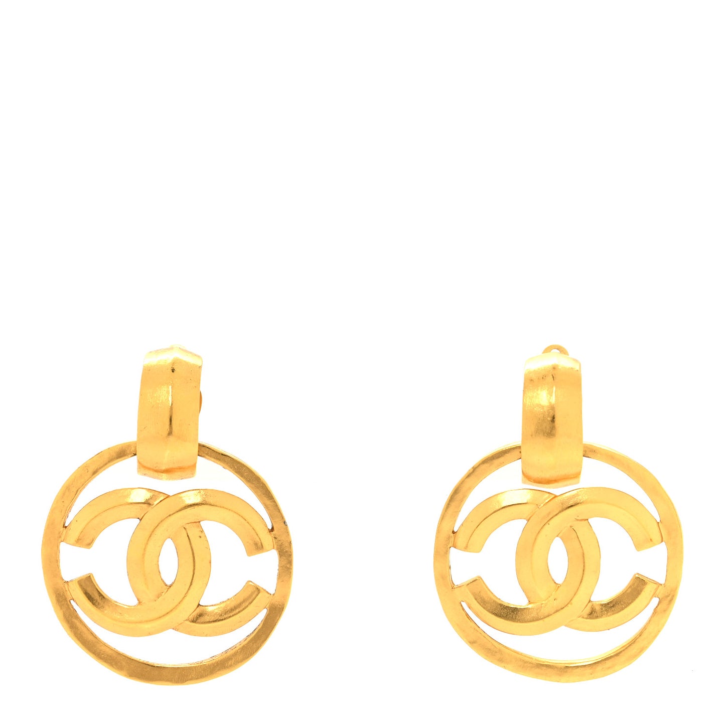 Metal Round CC Drop Clip On Earrings Gold