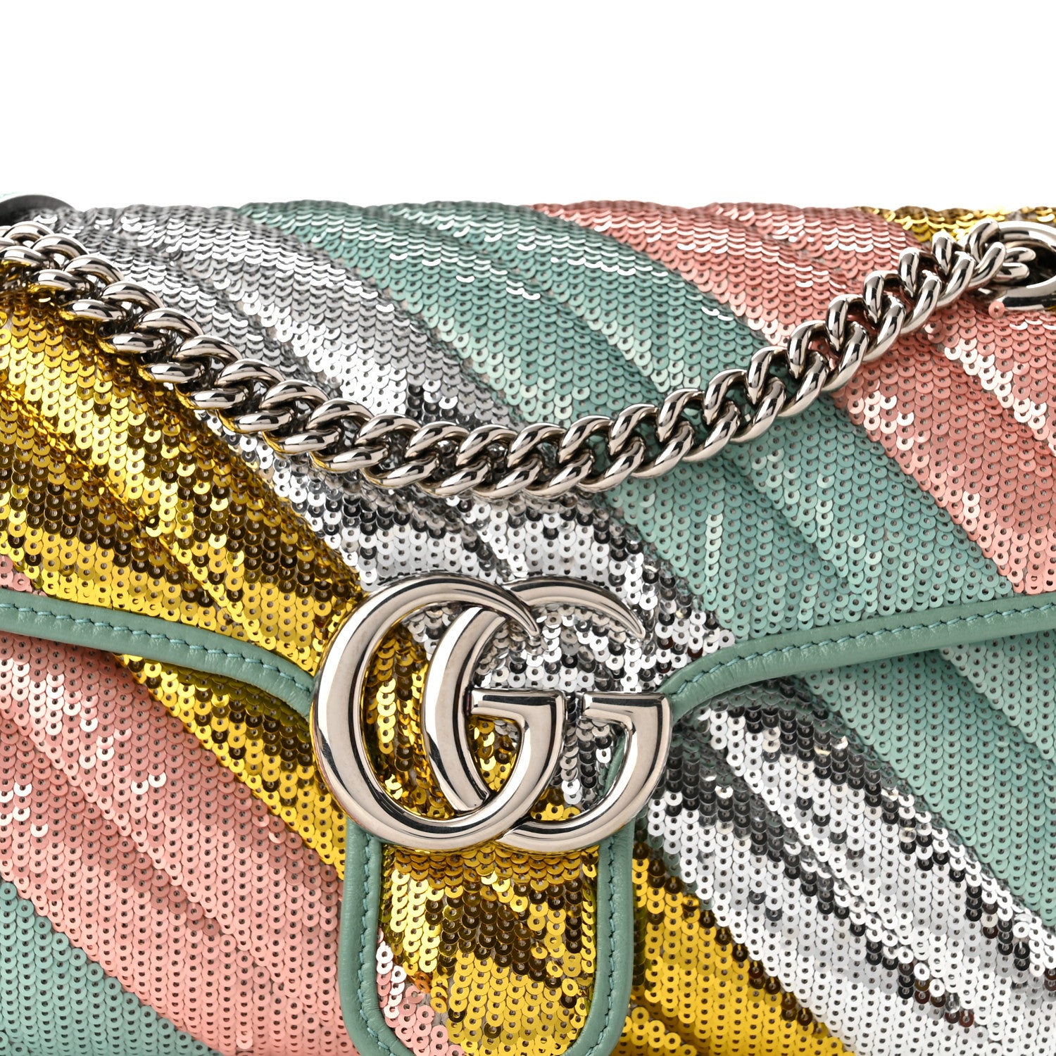Gucci Sequin Satin Calfskin Matelasse Diagonal Small GG Marmont Shoulder Bag Grigio Argento Verde Chiaro Rosa Giallo Light Water Green 8 of 10