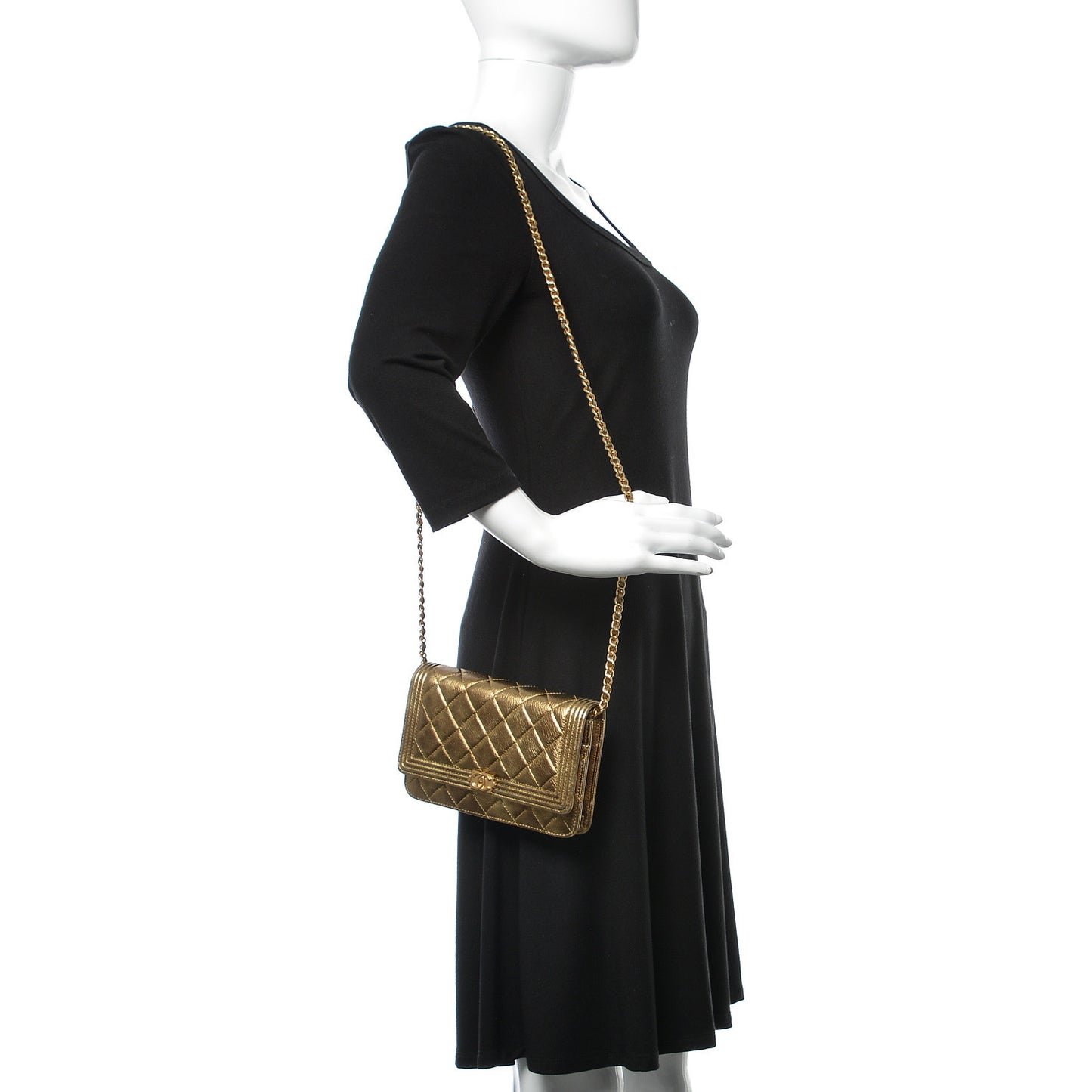 Metallic Calfskin Quilted Boy Wallet On Chain WOC Gold