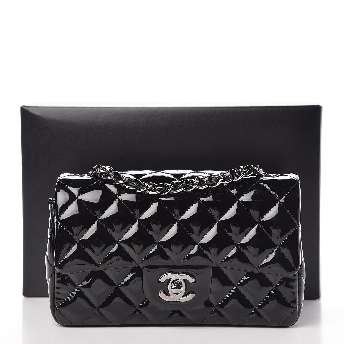 Patent Calfskin Quilted Mini Rectangular Flap Black