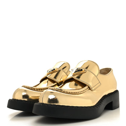 Prada Metallic Brushed Calfskin Metal Triangle Logo 50mm Loafers 39 Platino 3 of 10