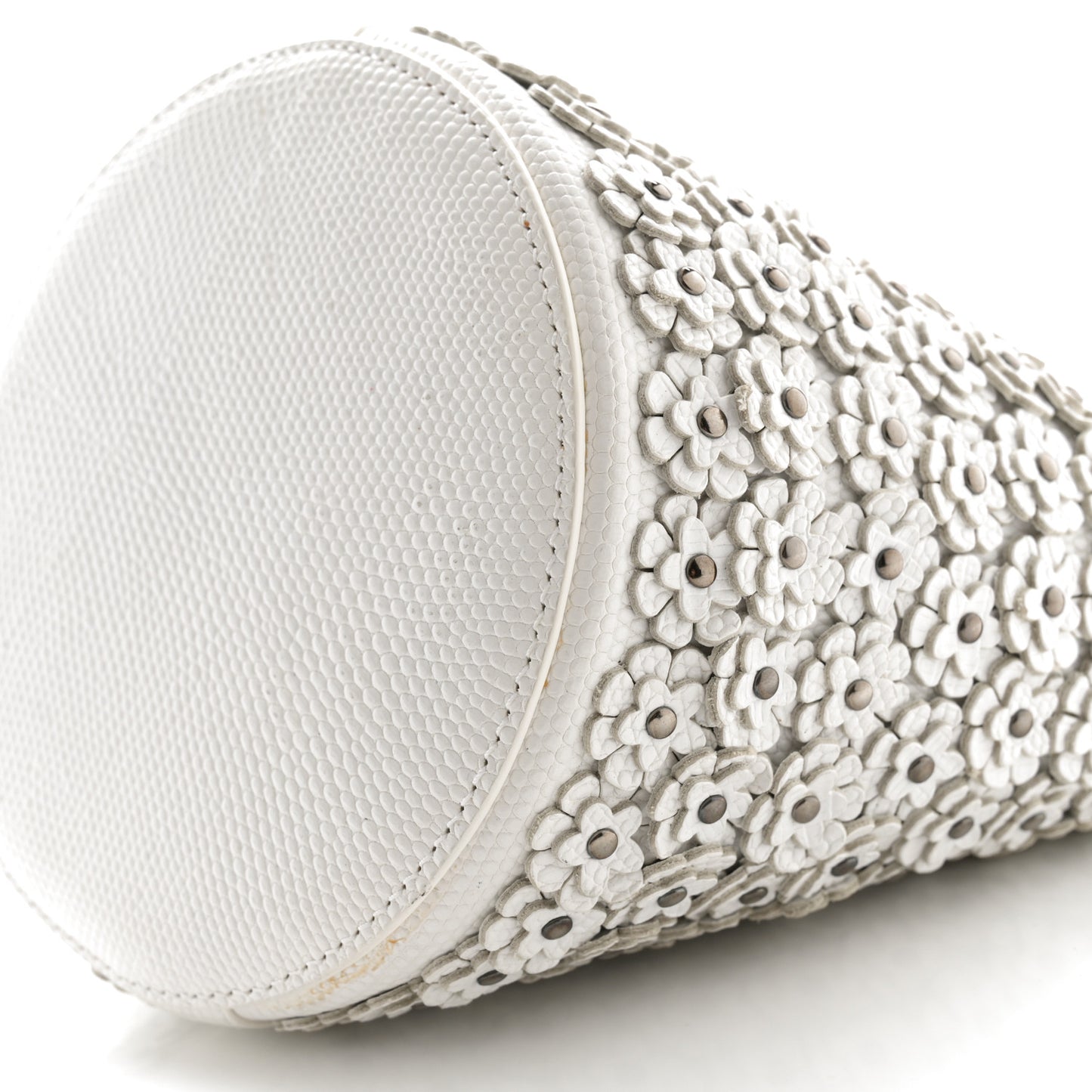 Lizard Embossed Calfskin Flower Applique Bucket Bag White