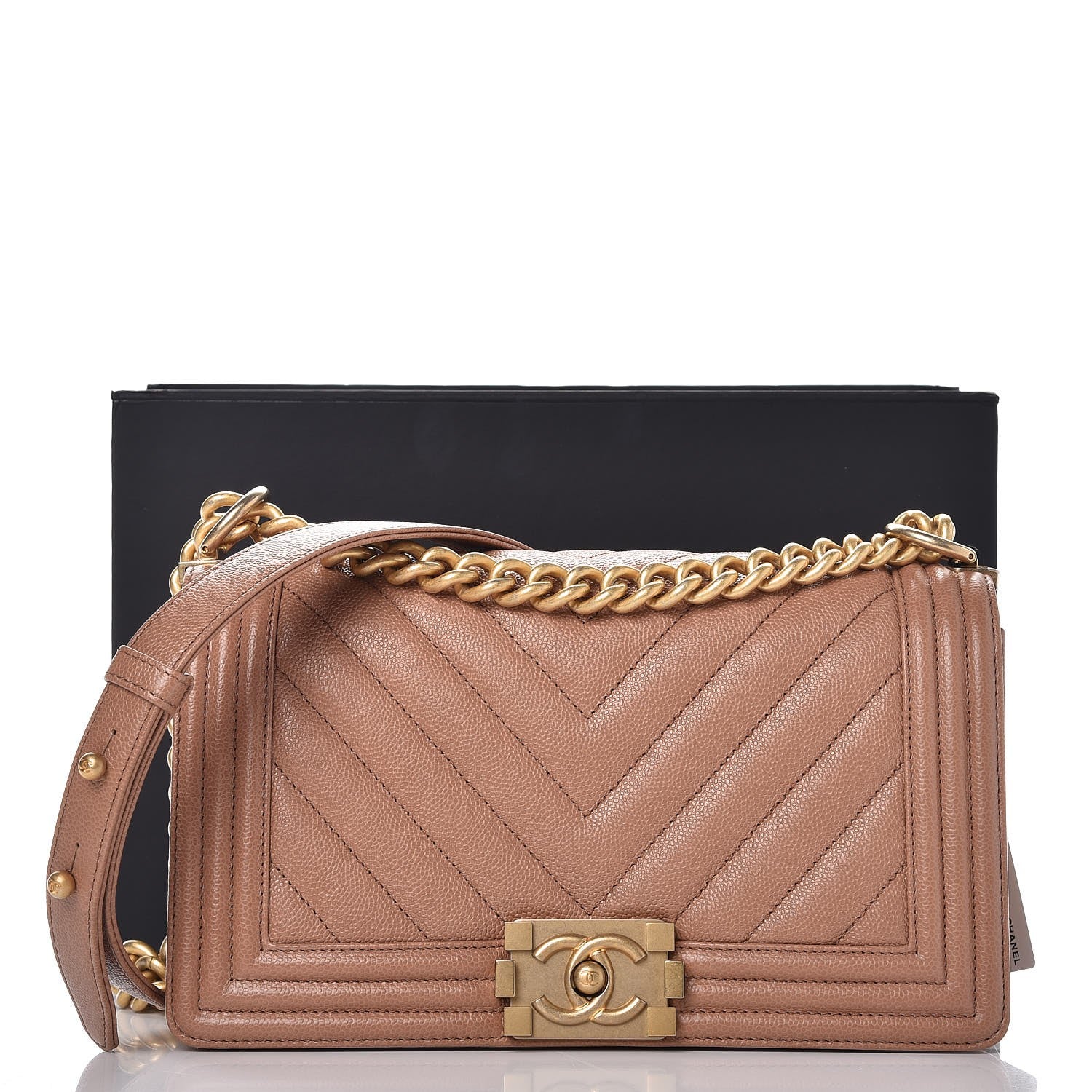 Chanel Caviar Chevron Quilted Medium Boy Flap Light Brown 8 of 8