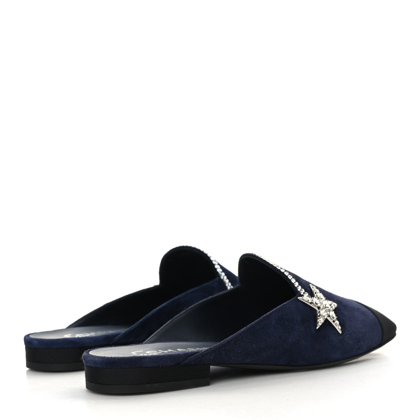 Suede Calfskin Grosgrain Crystal CC Star Mules 37.5 Blue Black