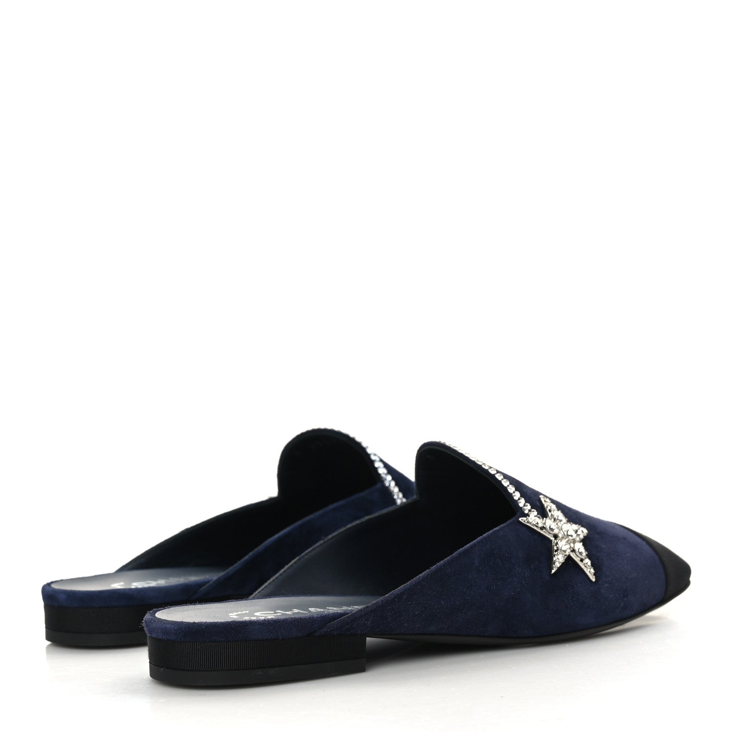Chanel Suede Calfskin Grosgrain Crystal CC Star Mules 37.5 Blue Black 4 of 8