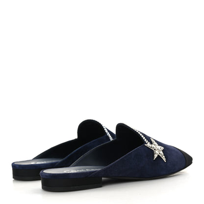 Chanel Suede Calfskin Grosgrain Crystal CC Star Mules 37.5 Blue Black 4 of 8