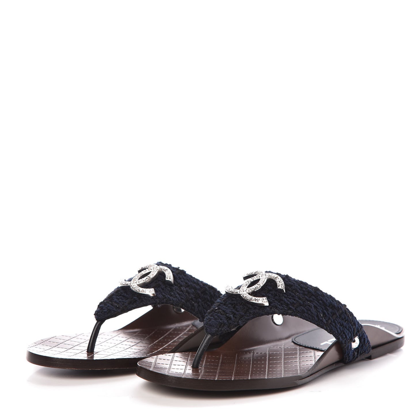 Tweed CC Thong Sandals 36 Navy Black