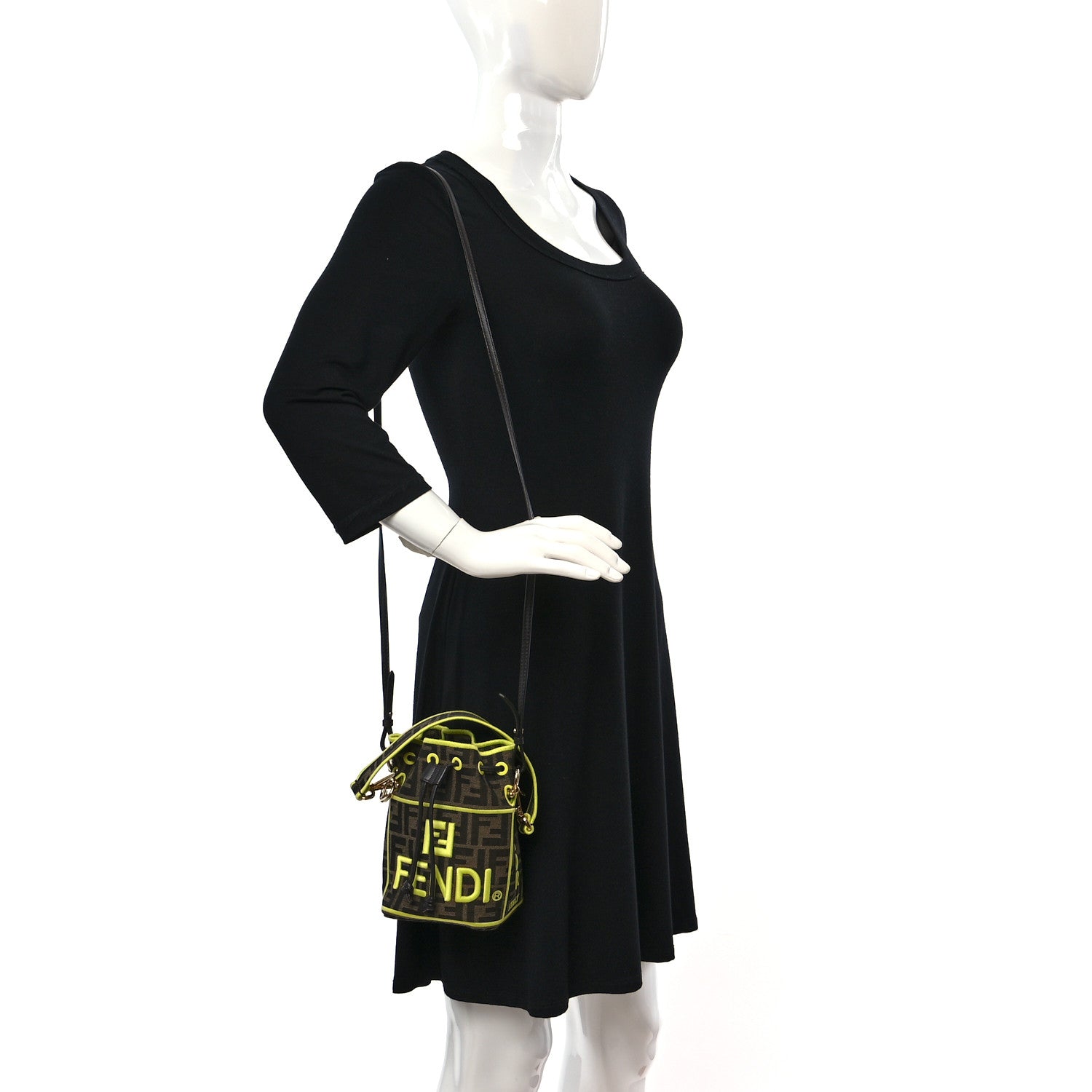 Fendi Fabric Jacquard Shiny Nappa FF 1974 Logo Threaded Edge Mini Mon Tresor Bucket Bag Tobacco Moro Giallo Fluo 2 of 12