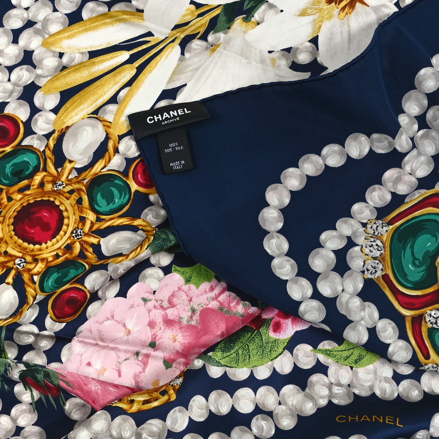 Silk Satin Archive Scarf Navy Blue White Multicolor