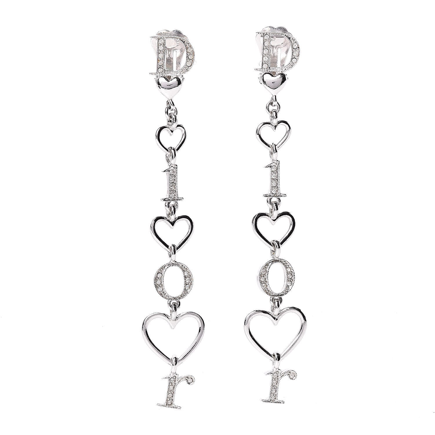Christian Dior Crystal Heart Clip On Earrings Silver 1 of 3