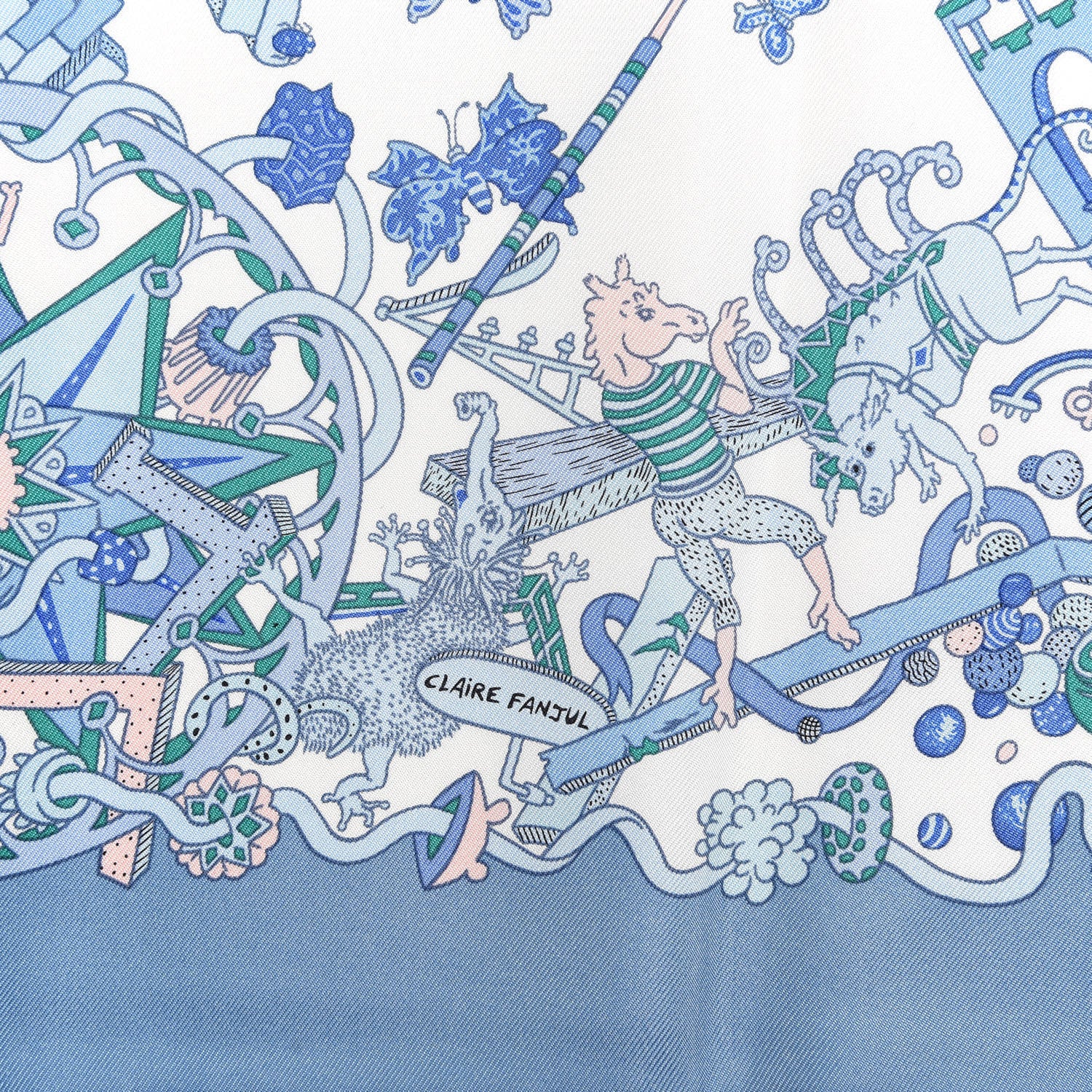 Hermes Silk Twill La Folle Parade Scarf 90 Bleu Jean White Rose 4 of 4