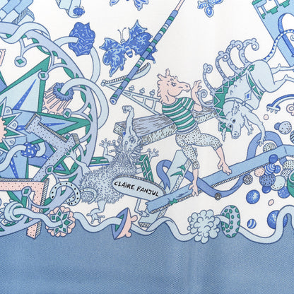 Hermes Silk Twill La Folle Parade Scarf 90 Bleu Jean White Rose 4 of 4