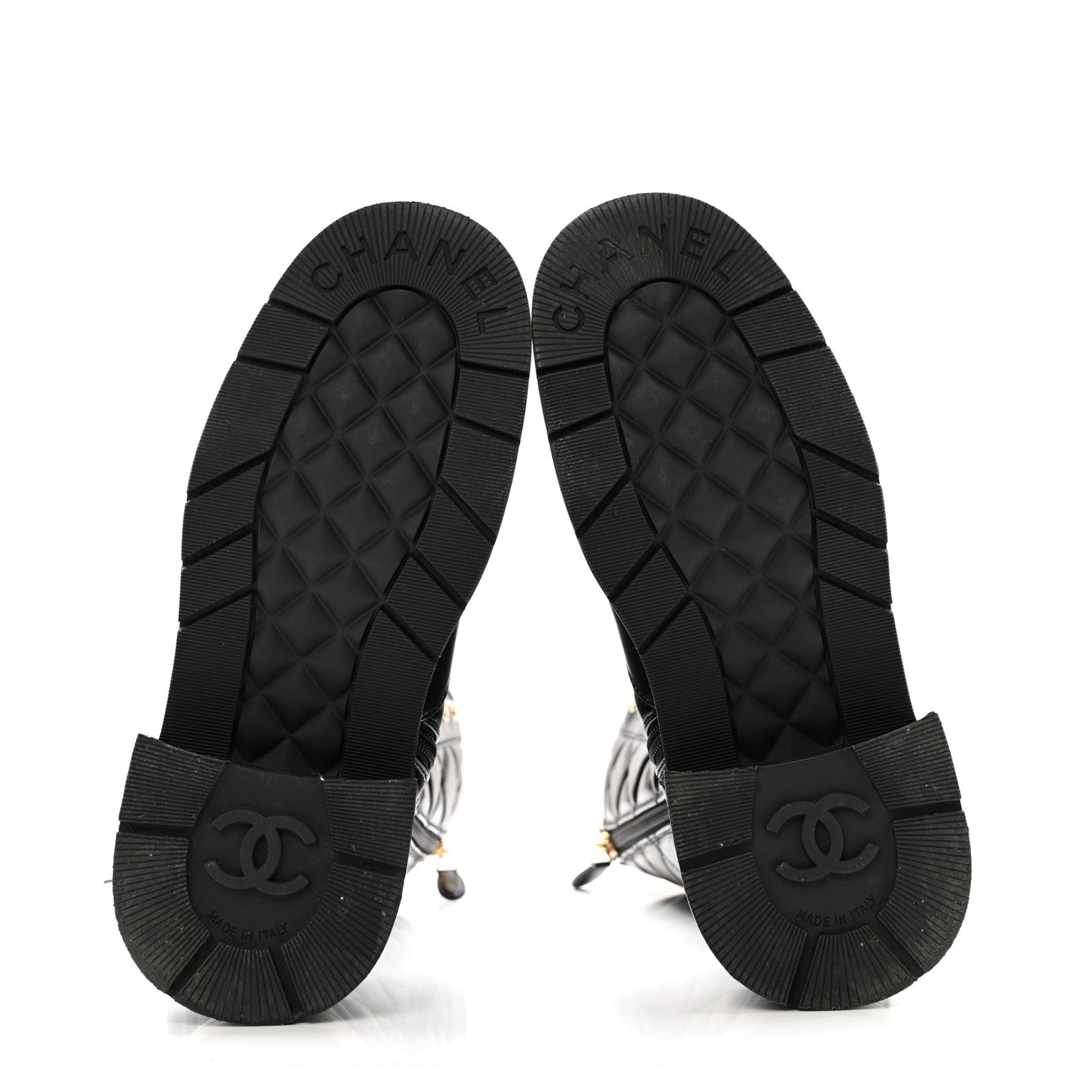 Chanel Calfskin Quilted Logo Lace Up Tall Combat Boots 37.5 Black 6 of 14