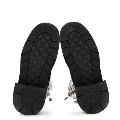 Chanel Calfskin Quilted Logo Lace Up Tall Combat Boots 37.5 Black 6 of 14