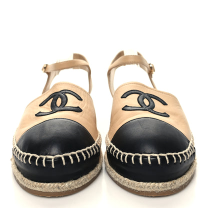 Chanel Lambskin Cap Toe CC Espadrille Sandals 40 Beige Black 2 of 8