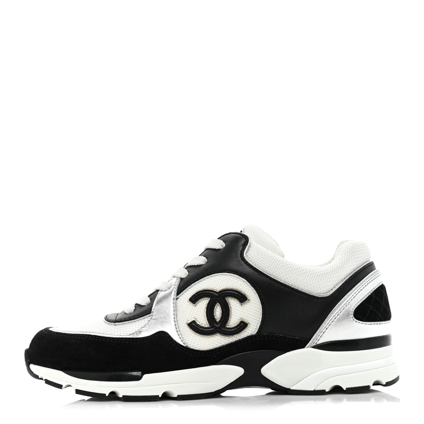 Calfskin Fabric Womens CC Sneakers 38.5 Black White Silver
