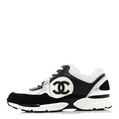 Chanel Calfskin Fabric Womens CC Sneakers 38.5 Black White Silver 1 of 8