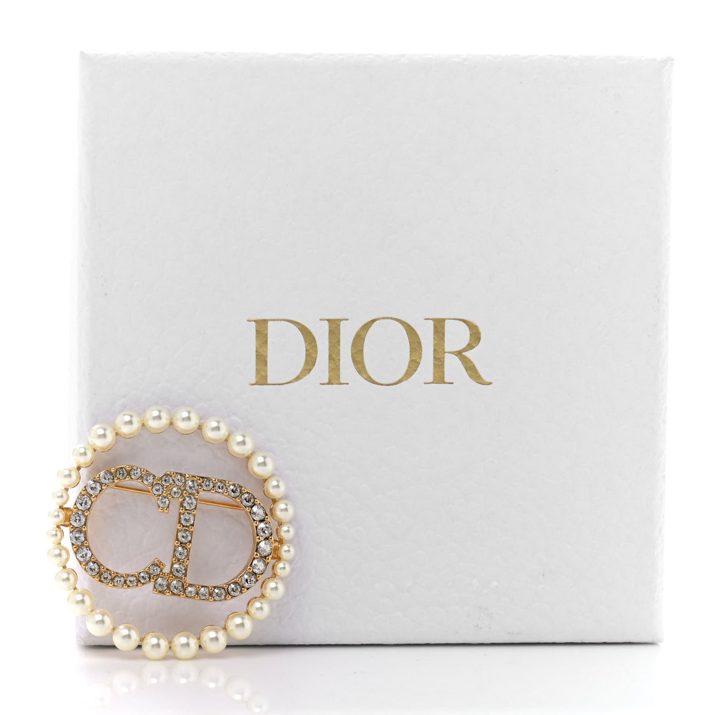 Crystal Pearl CD Logo Brooch Gold