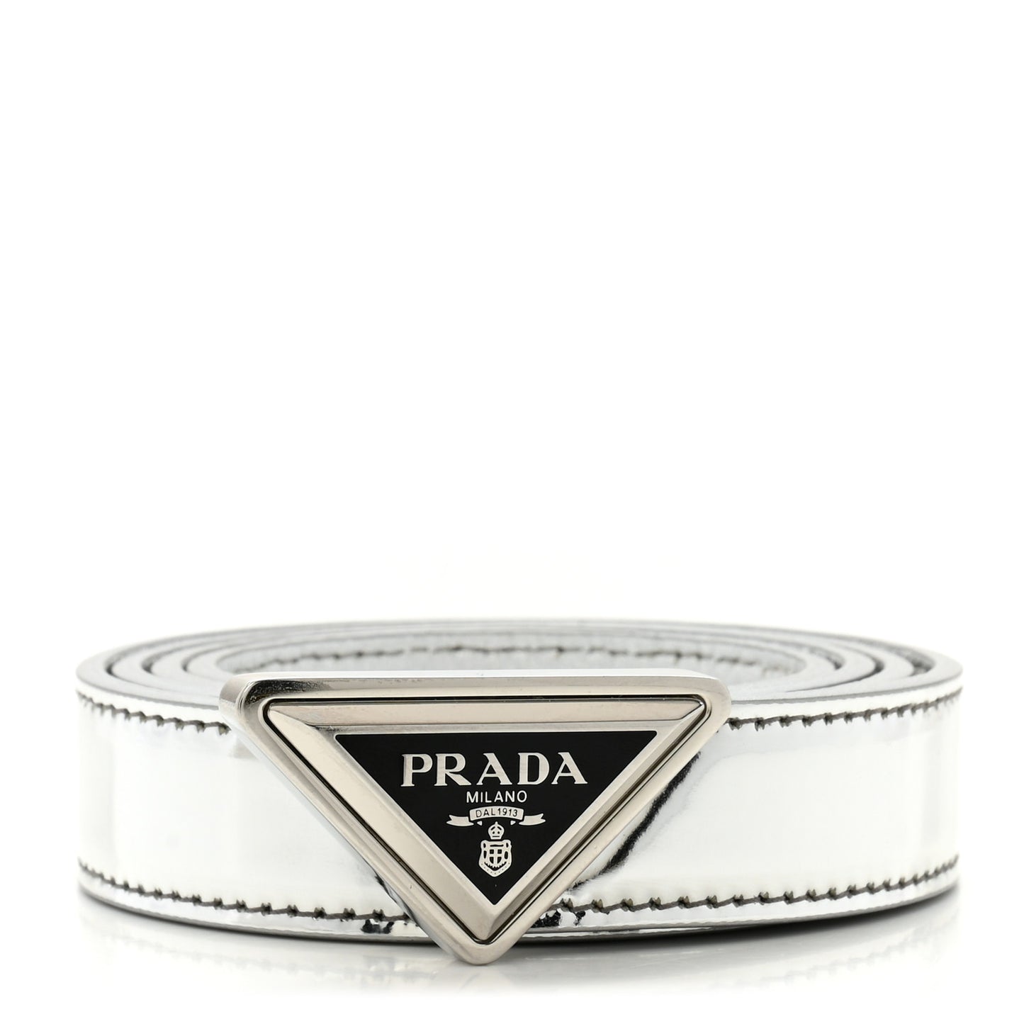Metallic Brushed Calfskin Triangle Logo Belt 75 30 Weiss
