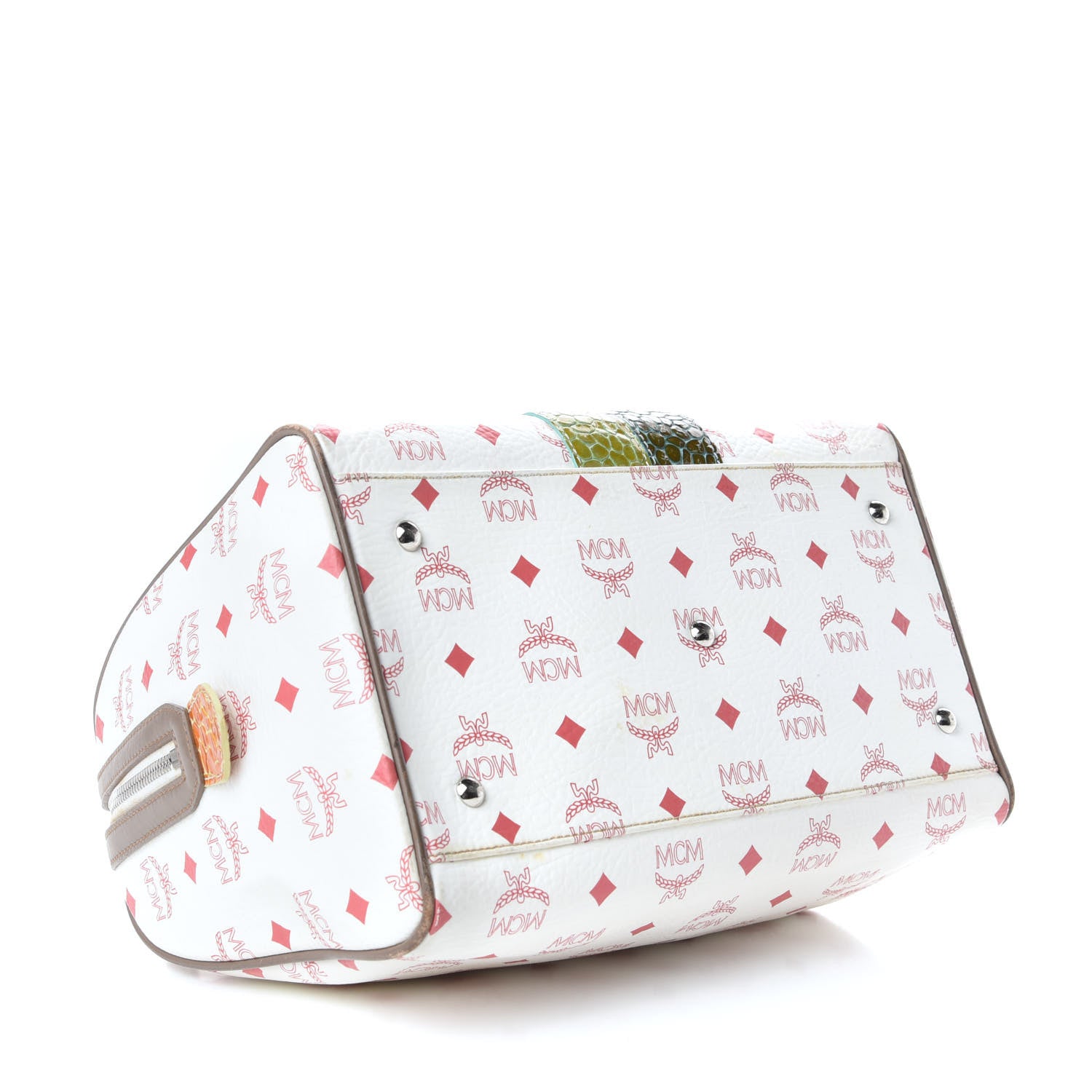 MCM Visetos Striped Munich Lion Boston Satchel White 4 of 9