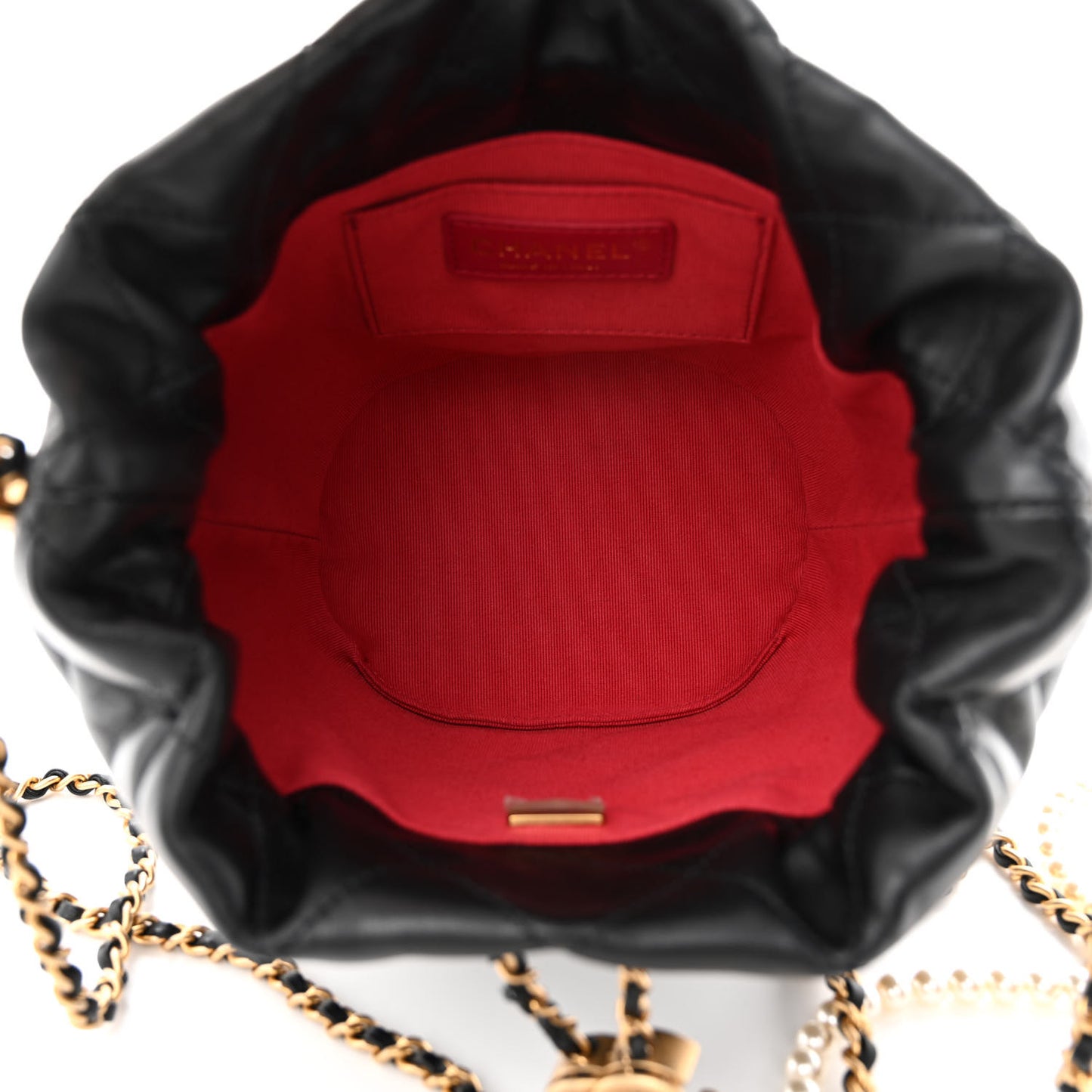 Lambskin Quilted My Perfect Chain Bucket Drawstring Bag Black