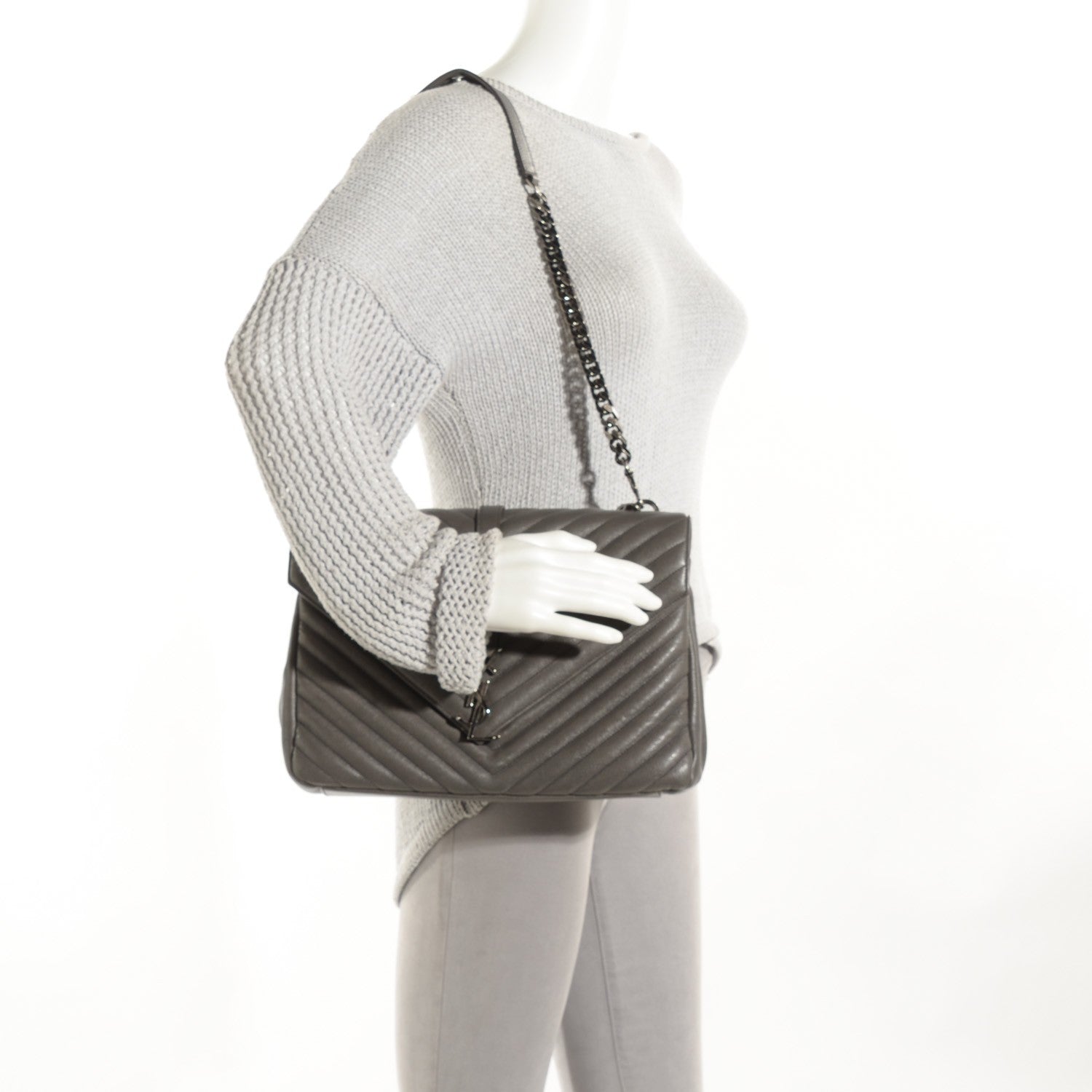 Saint Laurent Grain De Poudre Matelasse Chevron Large Satchel Grey 3 of 10