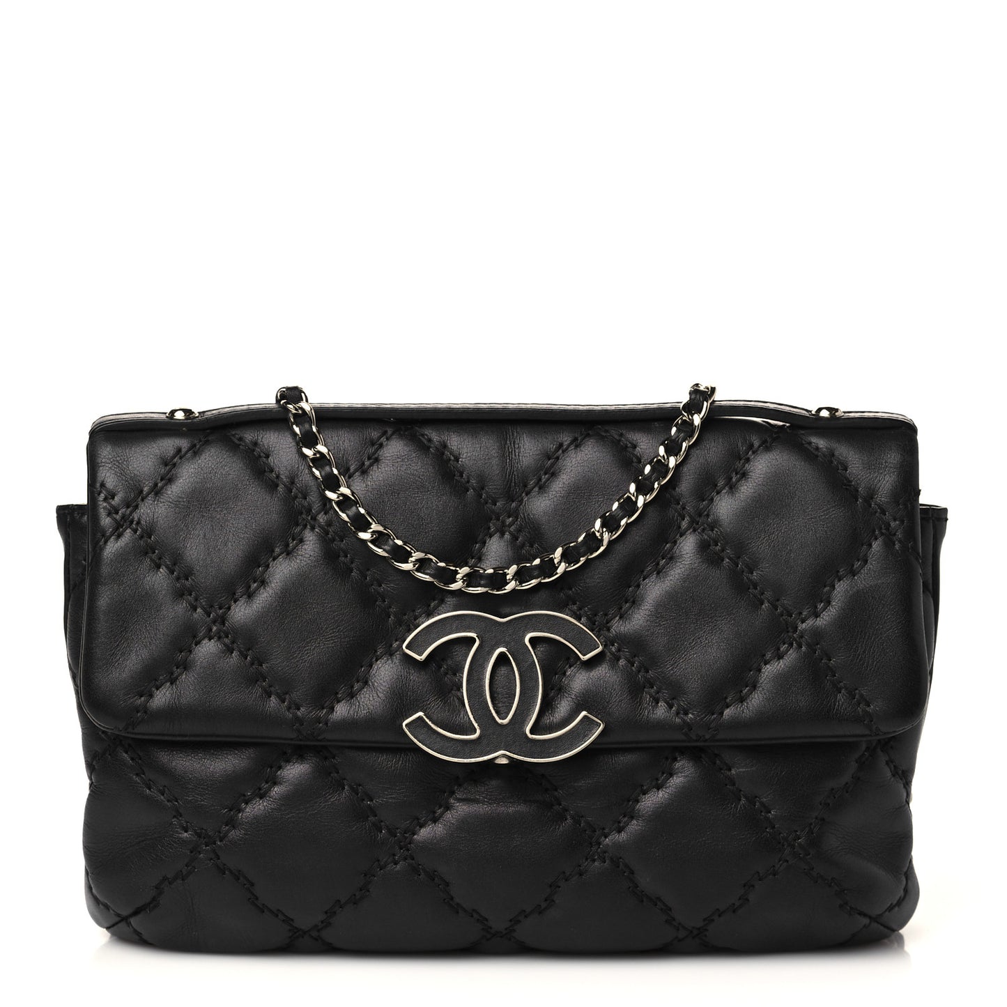 Calfskin Quilted Double Stitch Hamptons Clutch with Chain Black