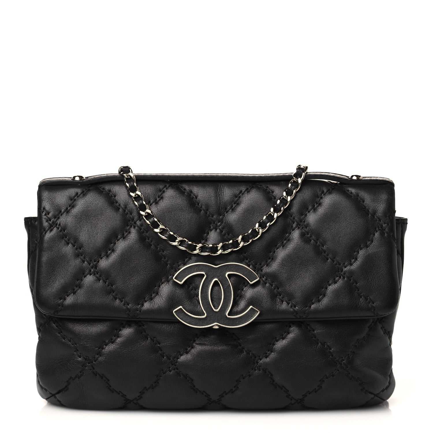 Chanel Calfskin Quilted Double Stitch Hamptons Clutch with Chain Black 1 of 7