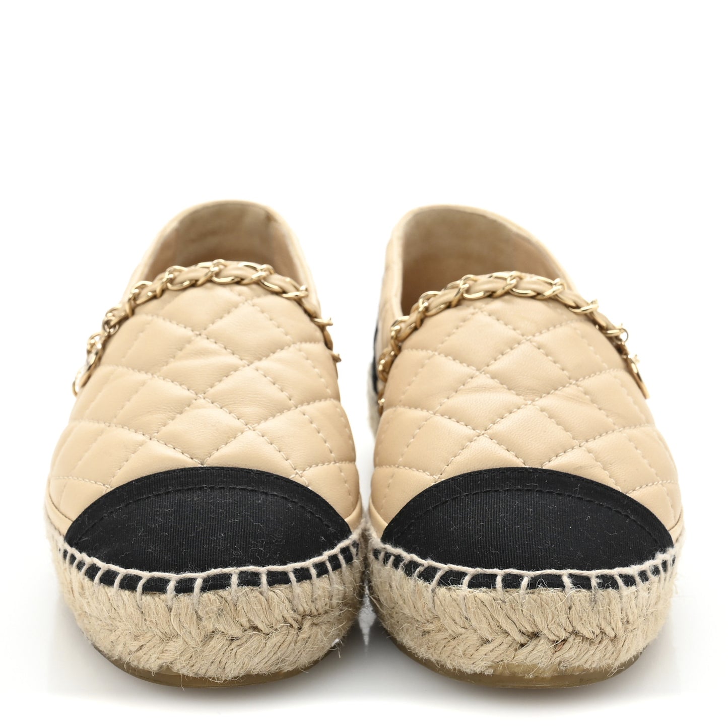 Lambskin Grosgrain Quilted CC Chain Espadrilles 35 Beige Black