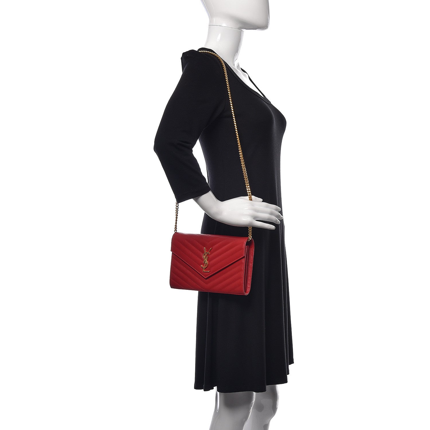 Saint Laurent Grain De Poudre Matelasse Chevron Monogram Chain Wallet Red 2 of 12