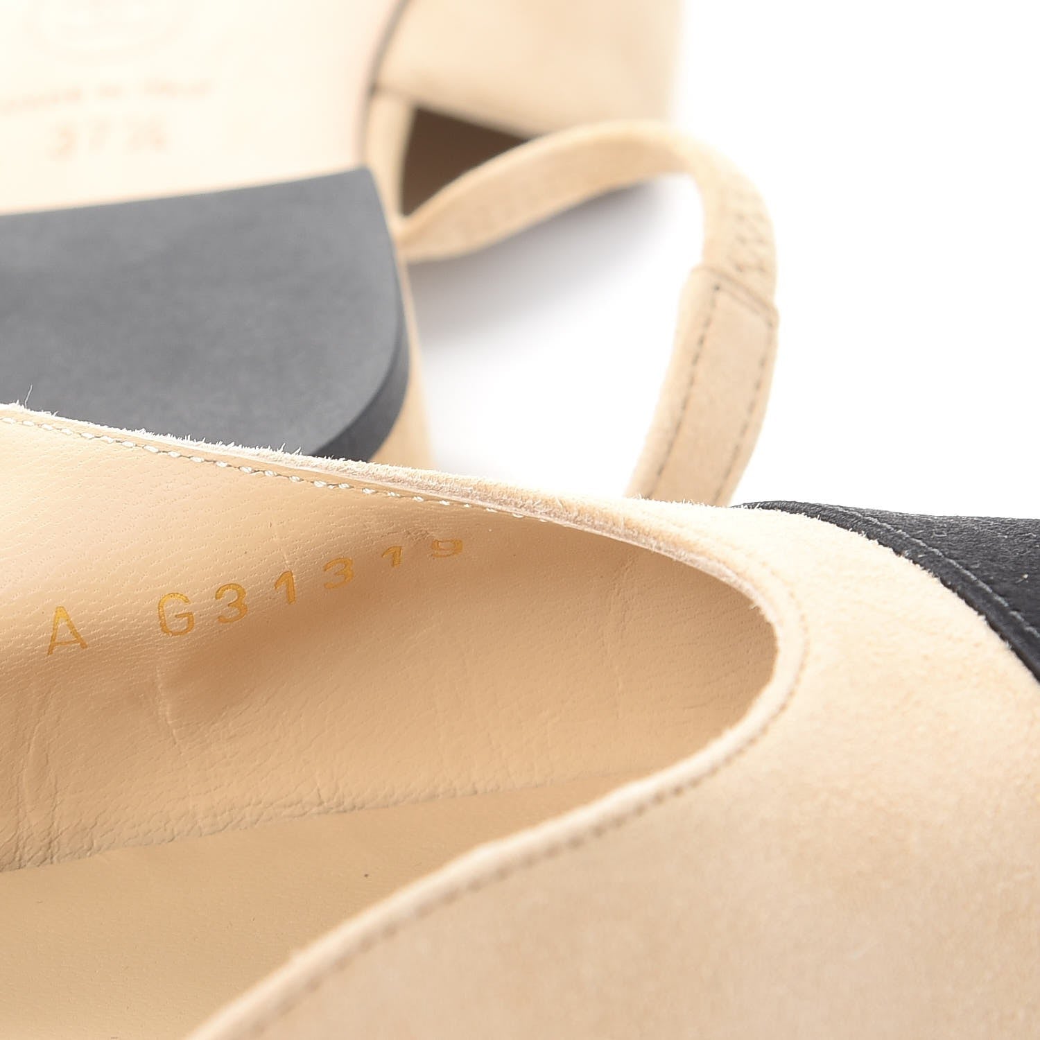 Chanel Kid Suede Satin Cap Toe CC Slingback Pumps 37.5 Beige Black 8 of 10