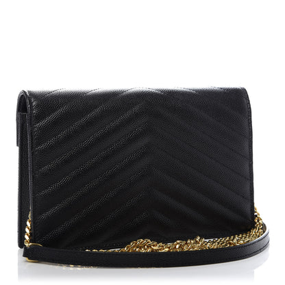 Saint Laurent Grain De Poudre Matelasse Chevron Monogram Envelope Chain Wallet Black 2 of 7