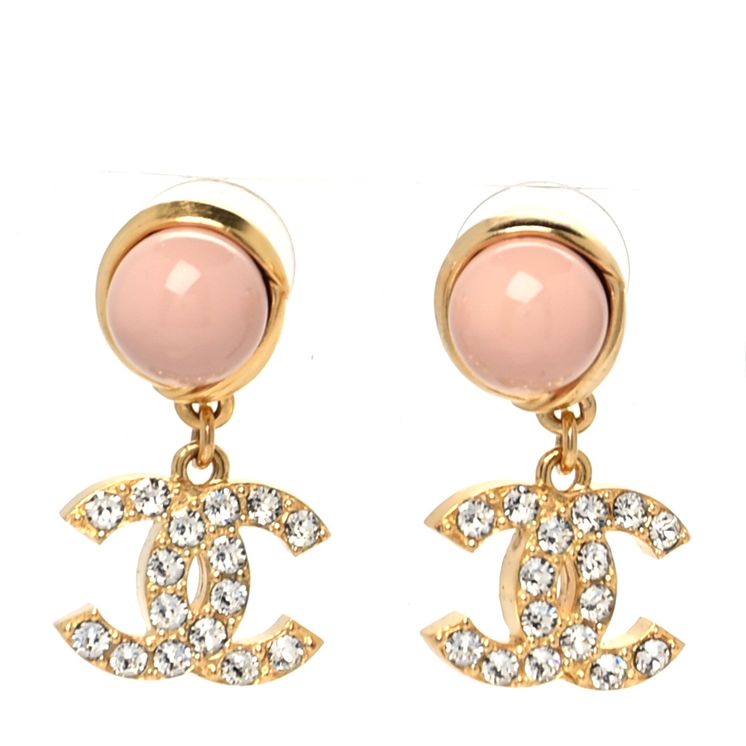 Chanel Crystal Pearl CC Drop Earrings Pink Gold 1 of 5