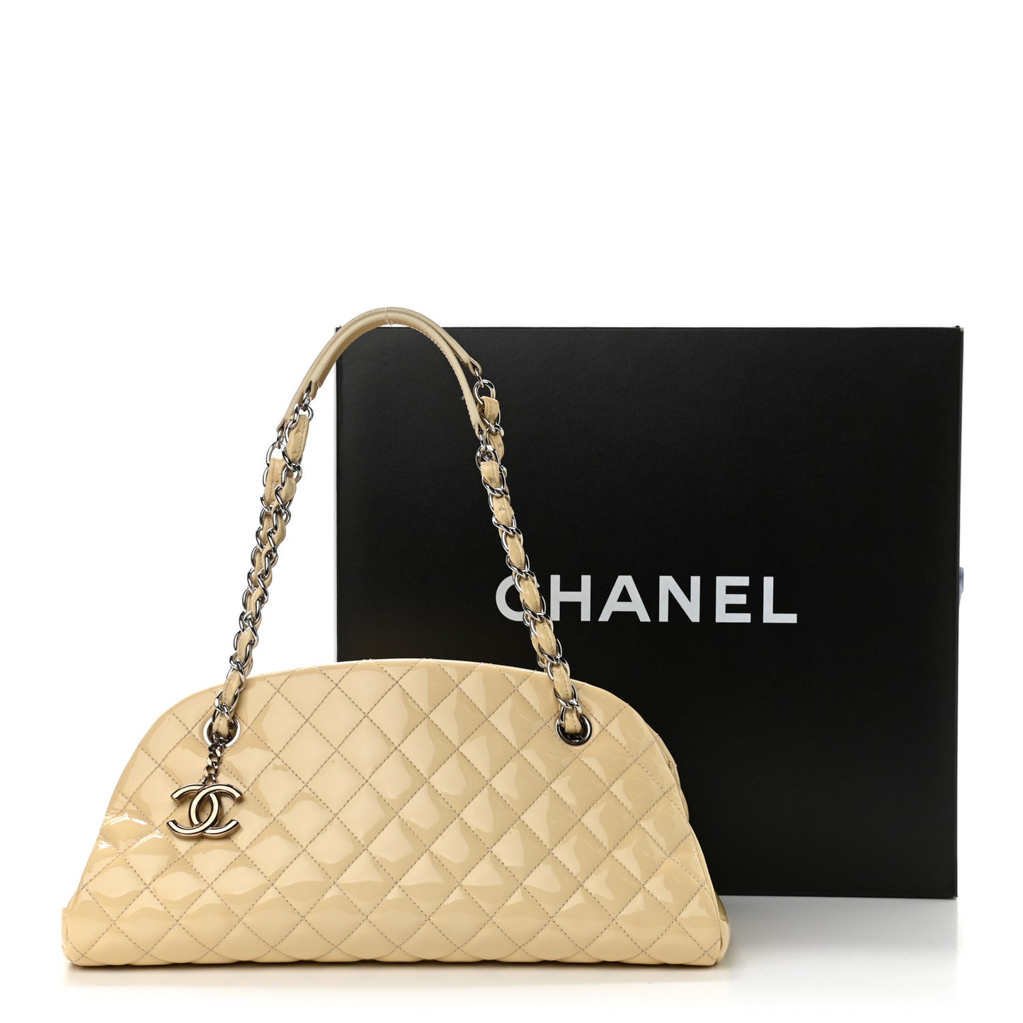 Patent Quilted Medium Just Mademoiselle Bowling Bag Beige