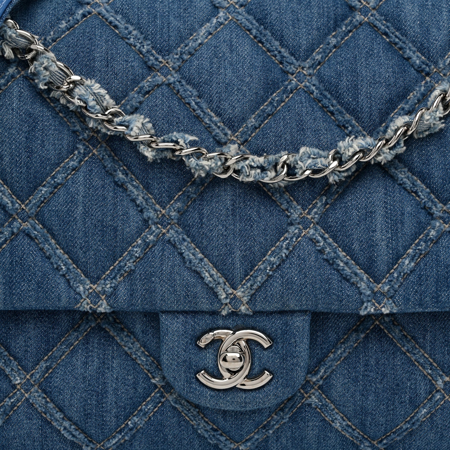 Chanel Frayed Denim Quilted Large Blue Chip Flap Blue 8 of 12