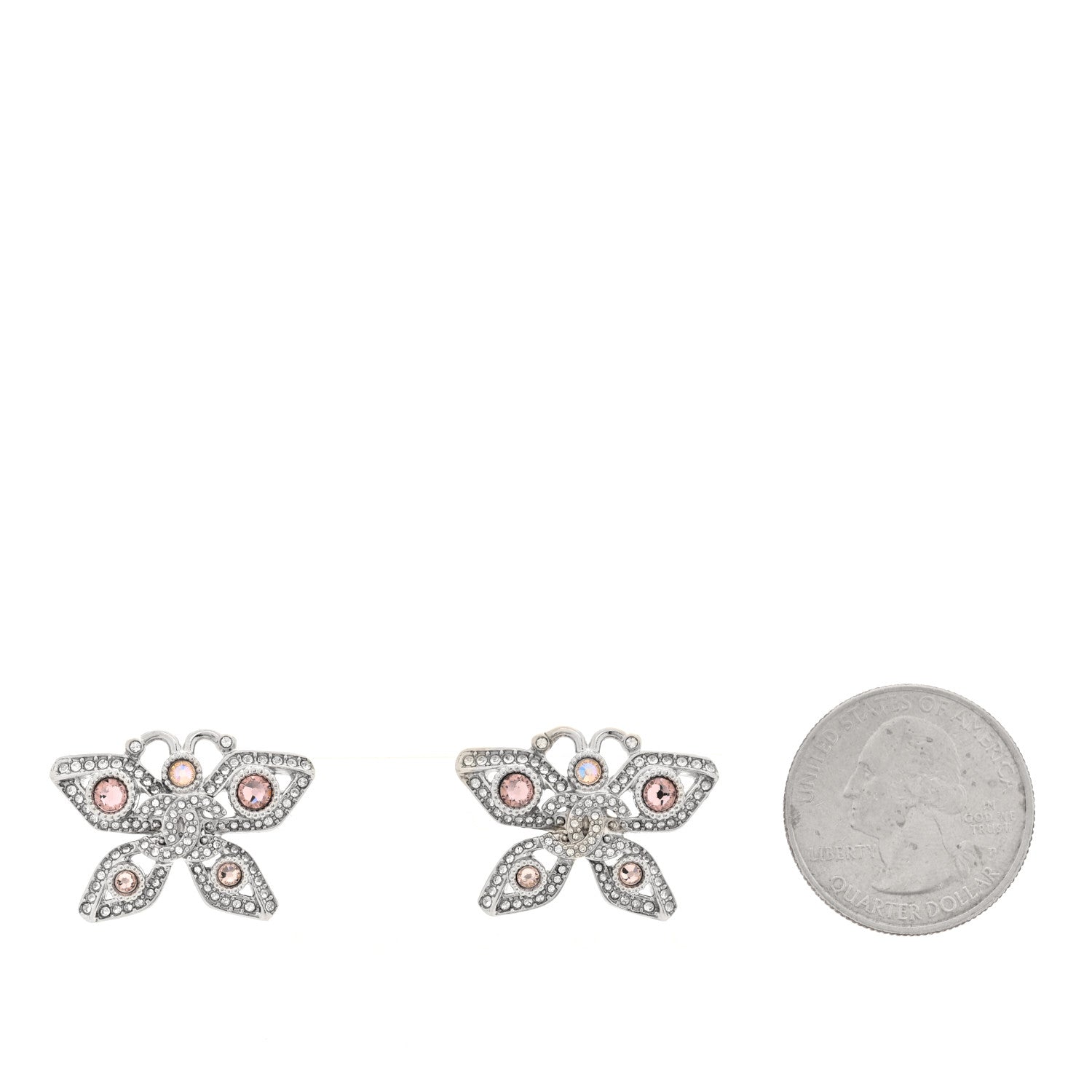 Chanel Crystal CC Butterfly Earrings Silver Pink 2 of 4