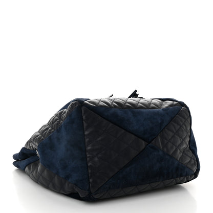 Chanel Goatskin Suede Calfskin Quilted Patchwork Drawstring Bag Blue 4 of 10