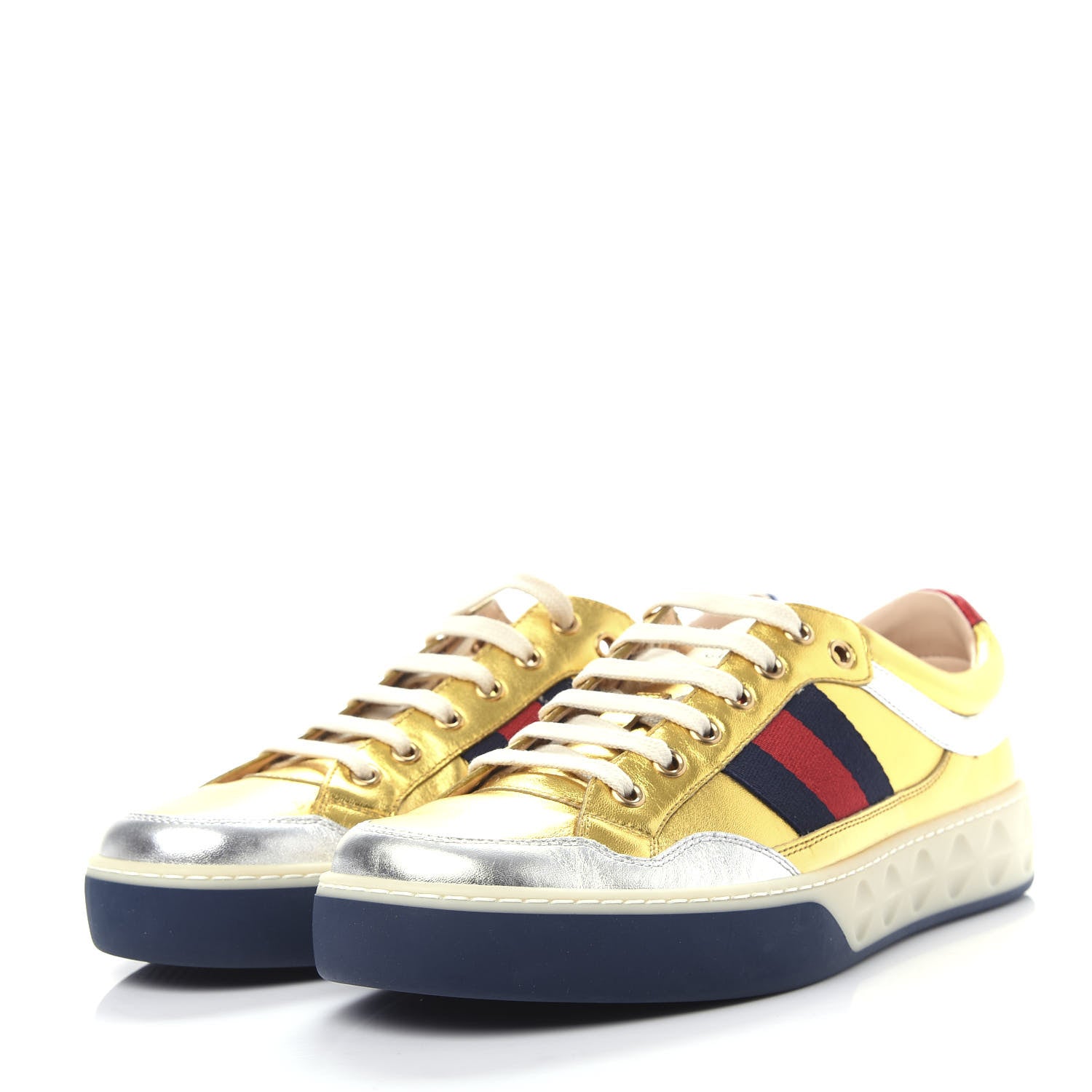 Gucci Metallic Nappa Web Mens Low Top Sneakers 8.5 Argento Oro Vecchio 3 of 11