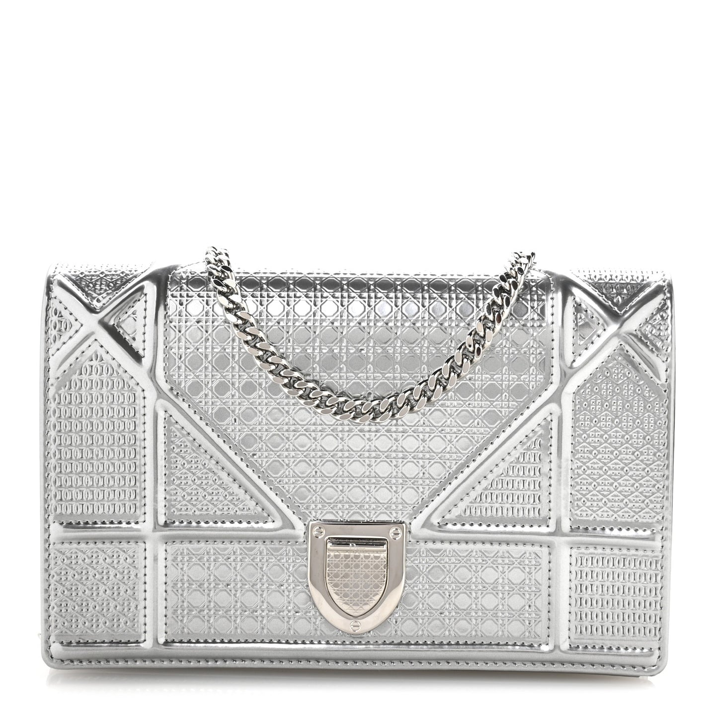 Metallic Patent Micro-Cannage Diorama Wallet on Chain Pouch Silver