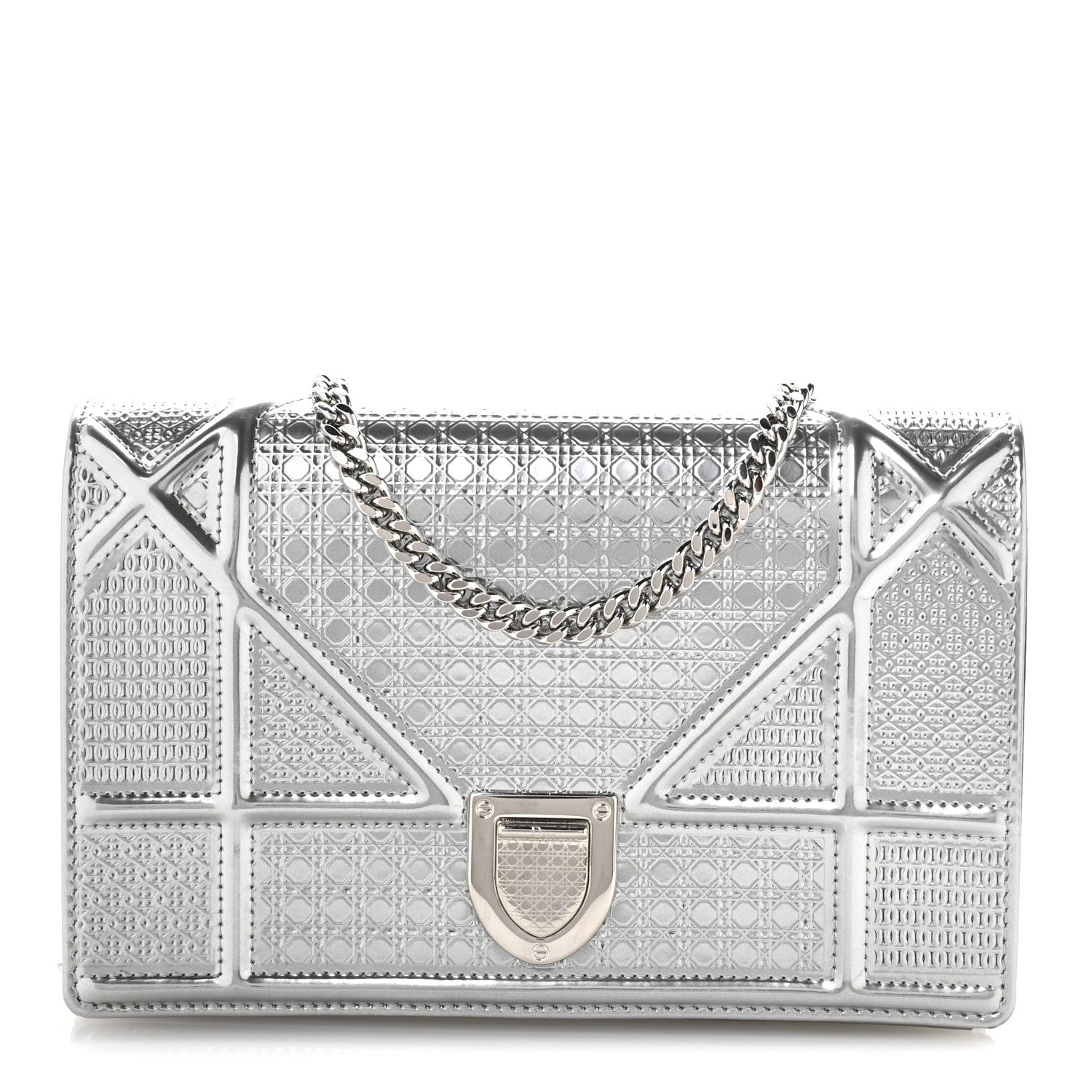Christian Dior Metallic Patent Micro-Cannage Diorama Wallet on Chain Pouch Silver 1 of 10
