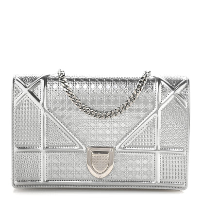 Christian Dior Metallic Patent Micro-Cannage Diorama Wallet on Chain Pouch Silver 1 of 10