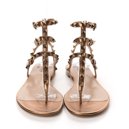 Valentino Garavani Metallic Nappa Rockstud Ankle Wrap Flat Thong Sandals 37 Bronze 2 of 13