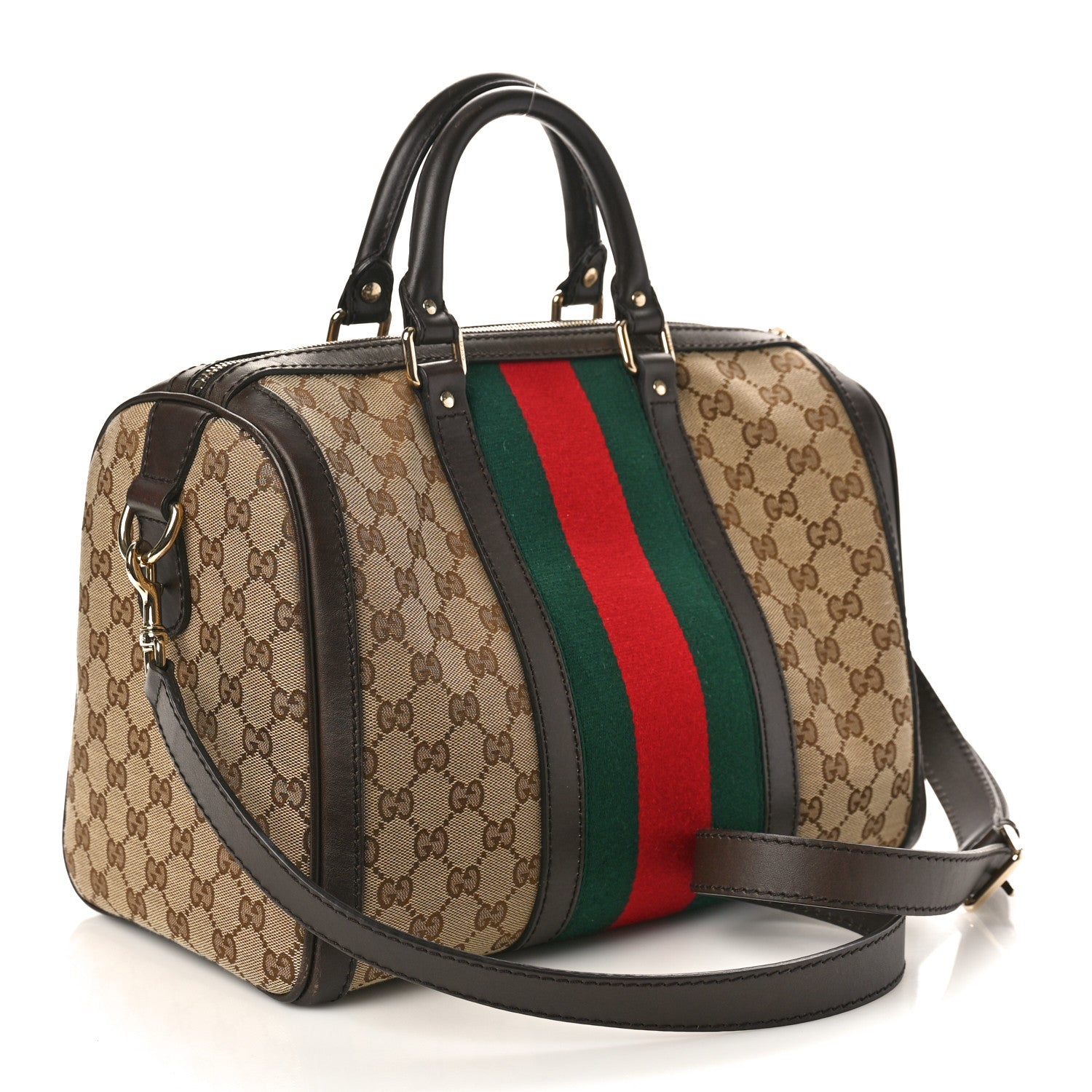Gucci Monogram Selleria Calfskin Vintage Web Medium Boston Beige Ebony Cocoa 2 of 12