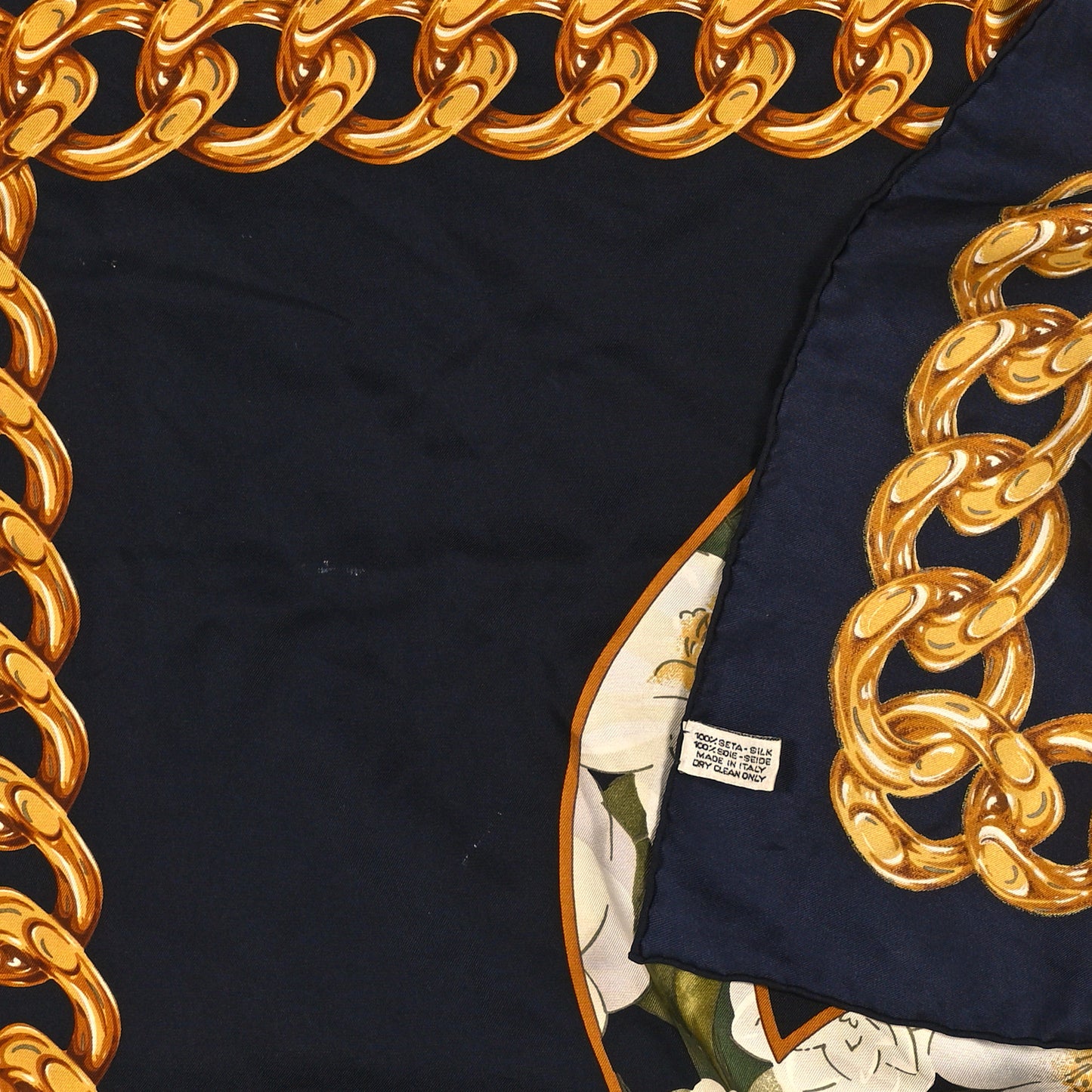 Silk CC Floral Chain Square Scarf Navy