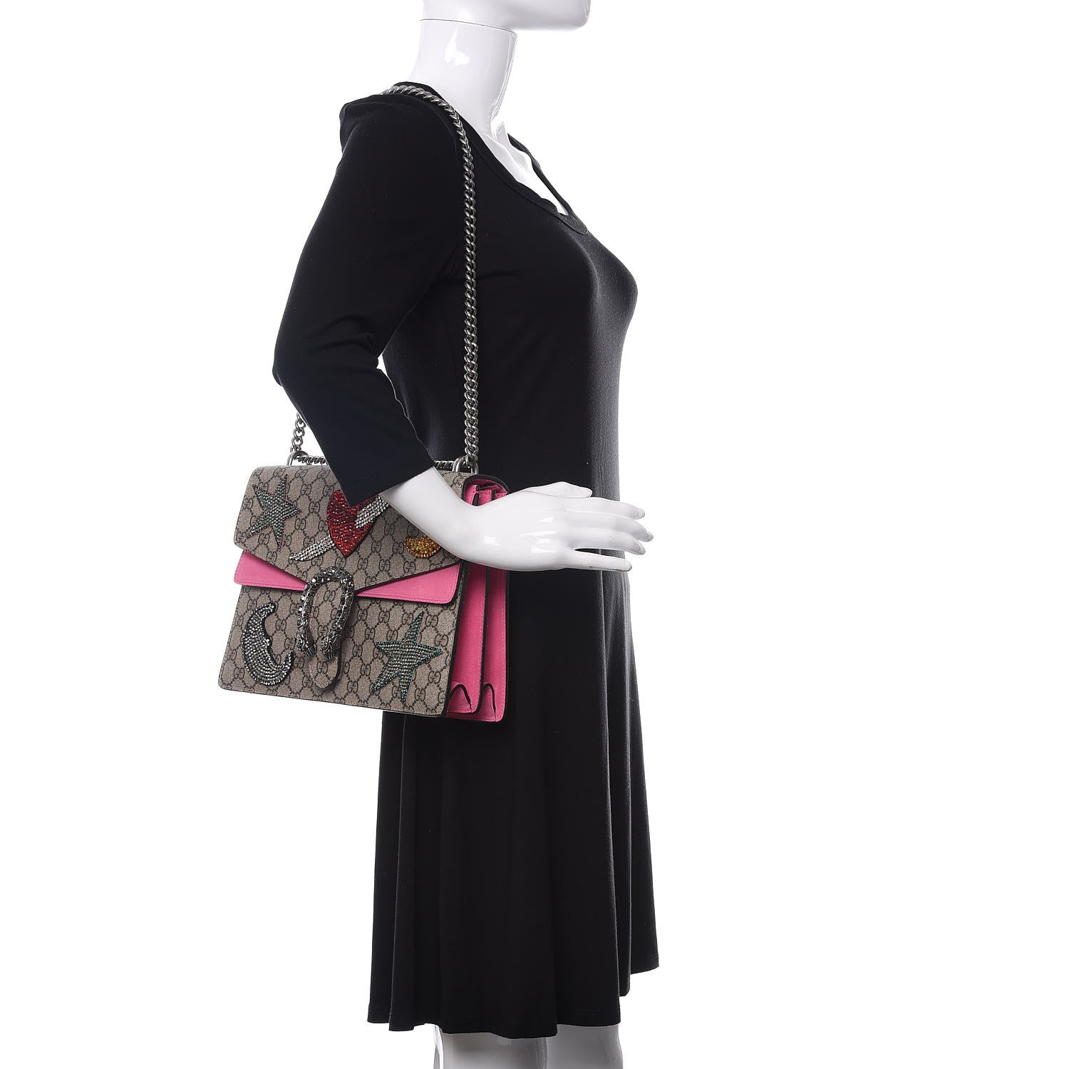 Gucci GG Supreme Monogram Suede Pierced Heart Embroidered Medium Dionysus Shoulder Bag Beige Ebony Pink Tropical Flower 2 of 18