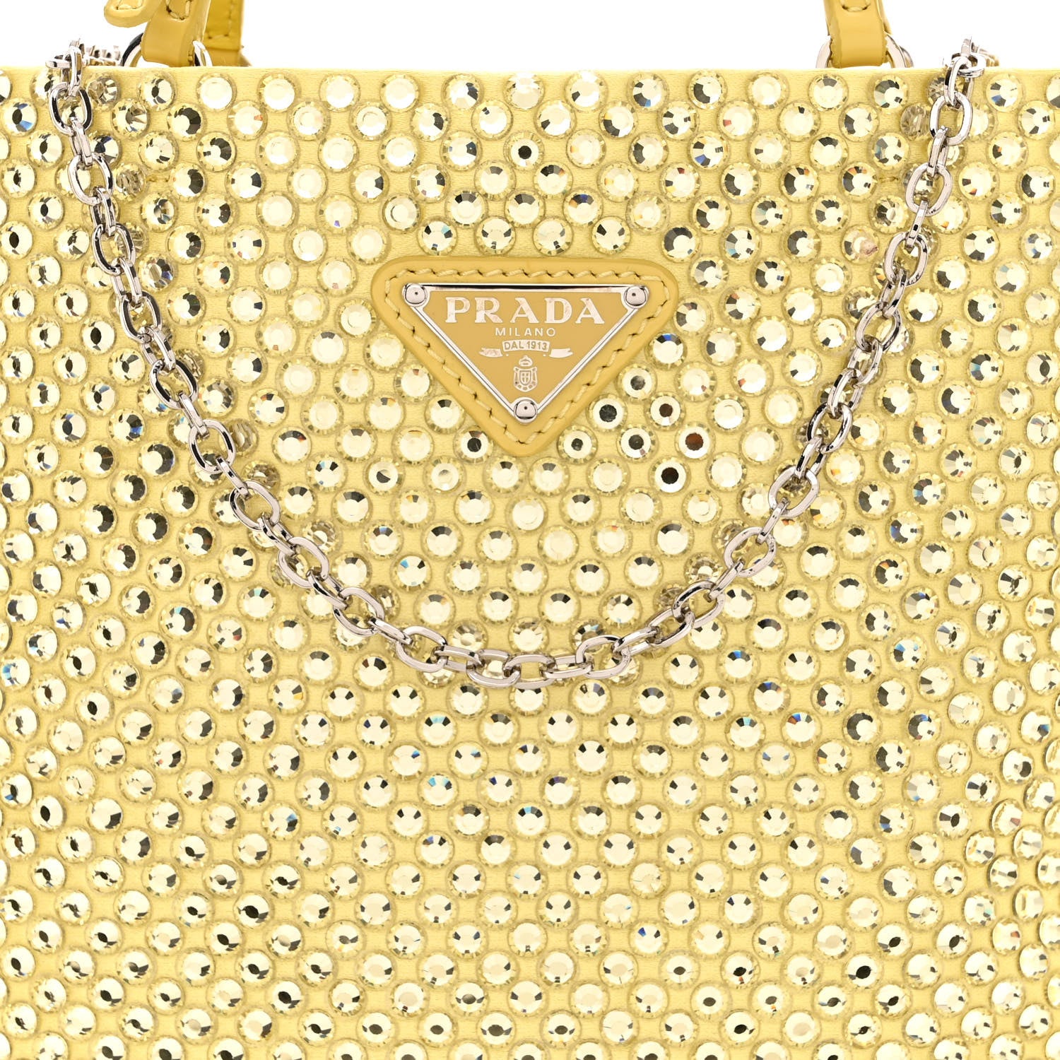 Prada Satin Crystal Metal Triangle Logo Chain Crossbody Handbag Ananas 8 of 12