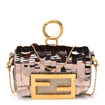 Fendi Sequin Paillettes Shiny Nappa Sex and the City Nano Maxi Buckle Baguette Charm Tortora 1 of 10