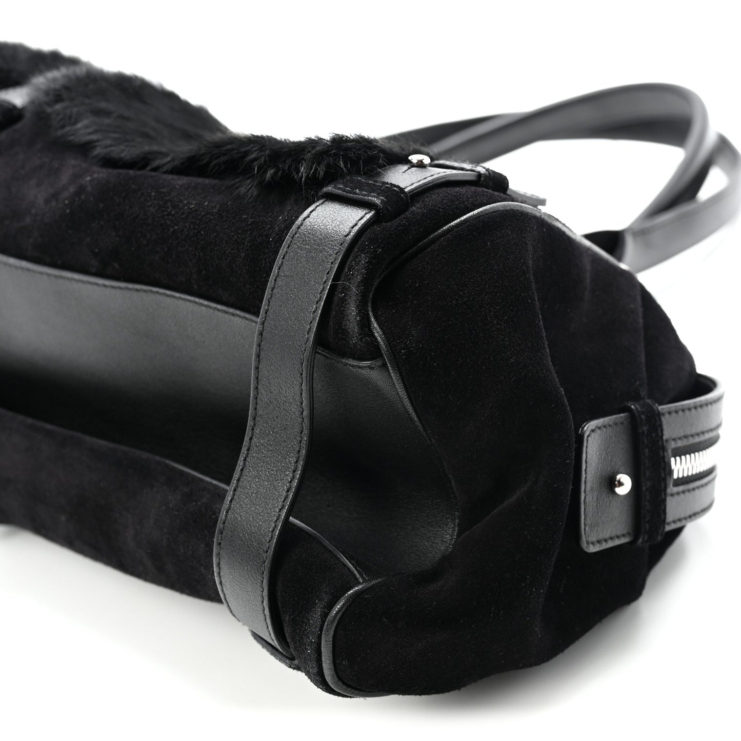 Fur Calfskin Suede Top Handle East West Tote Bag Black
