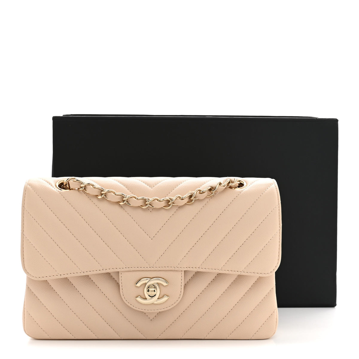 Caviar Chevron Quilted Small Double Flap Beige